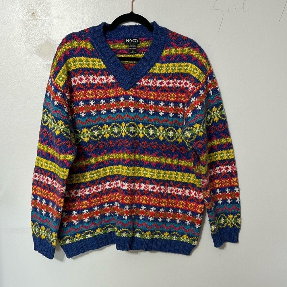NYC Women's XL Multicolor V-Neck Long Sleeve Sweater Cabincore Eclectic Grandpa - Picture 2 of 4